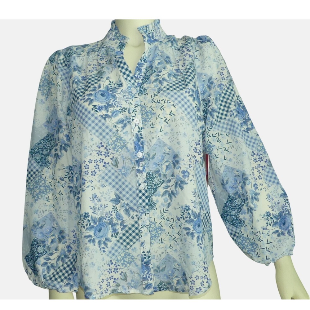 Reba Patchwork Floral Gingham Ruffle Collar Blouse NWT Sz M Cottagecore Boho